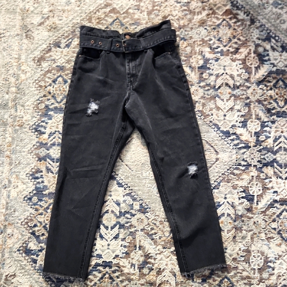 Forever 21 Black Belted High Rise Straight Rawhem Jeans